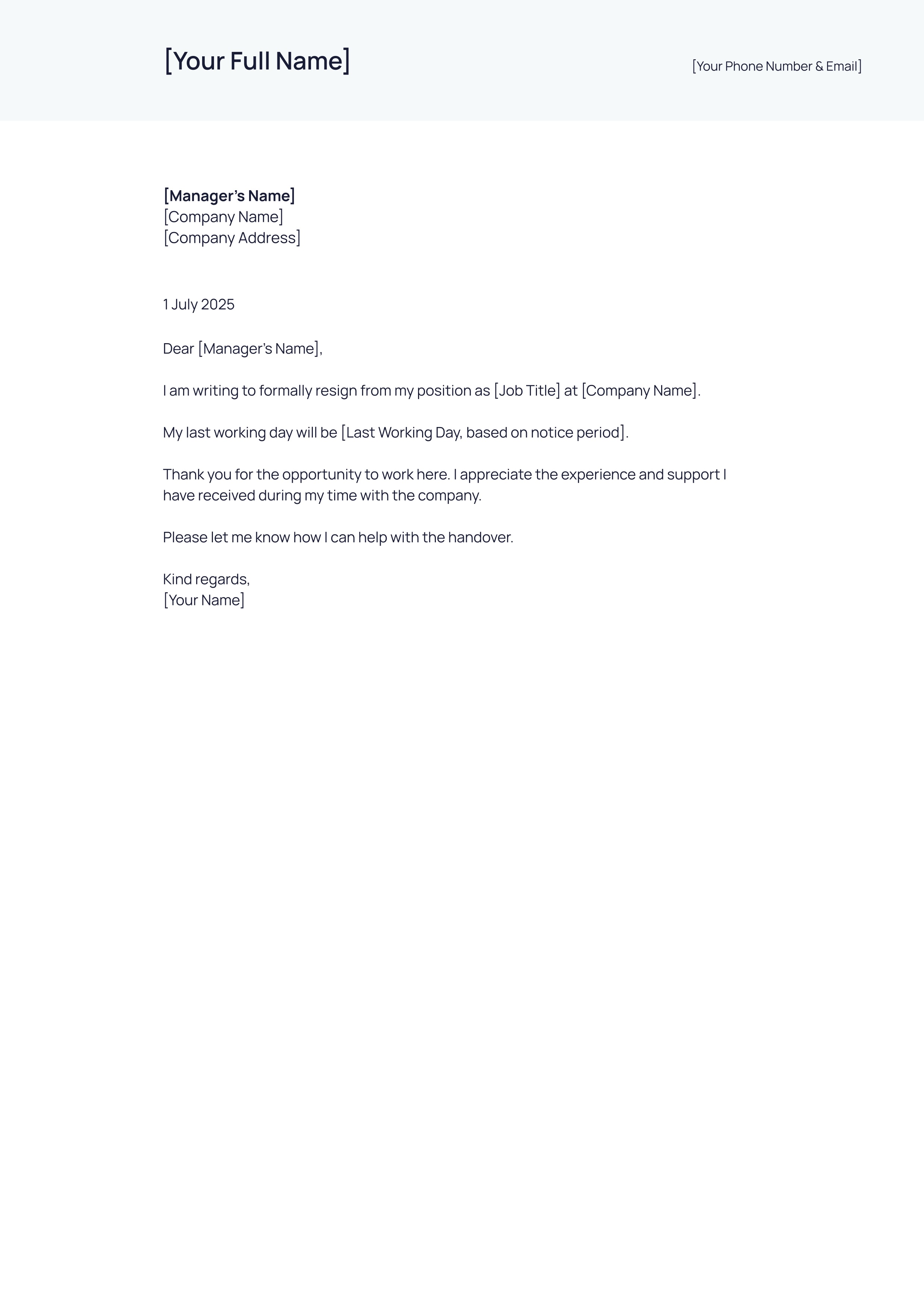 resignation letter template for the UK