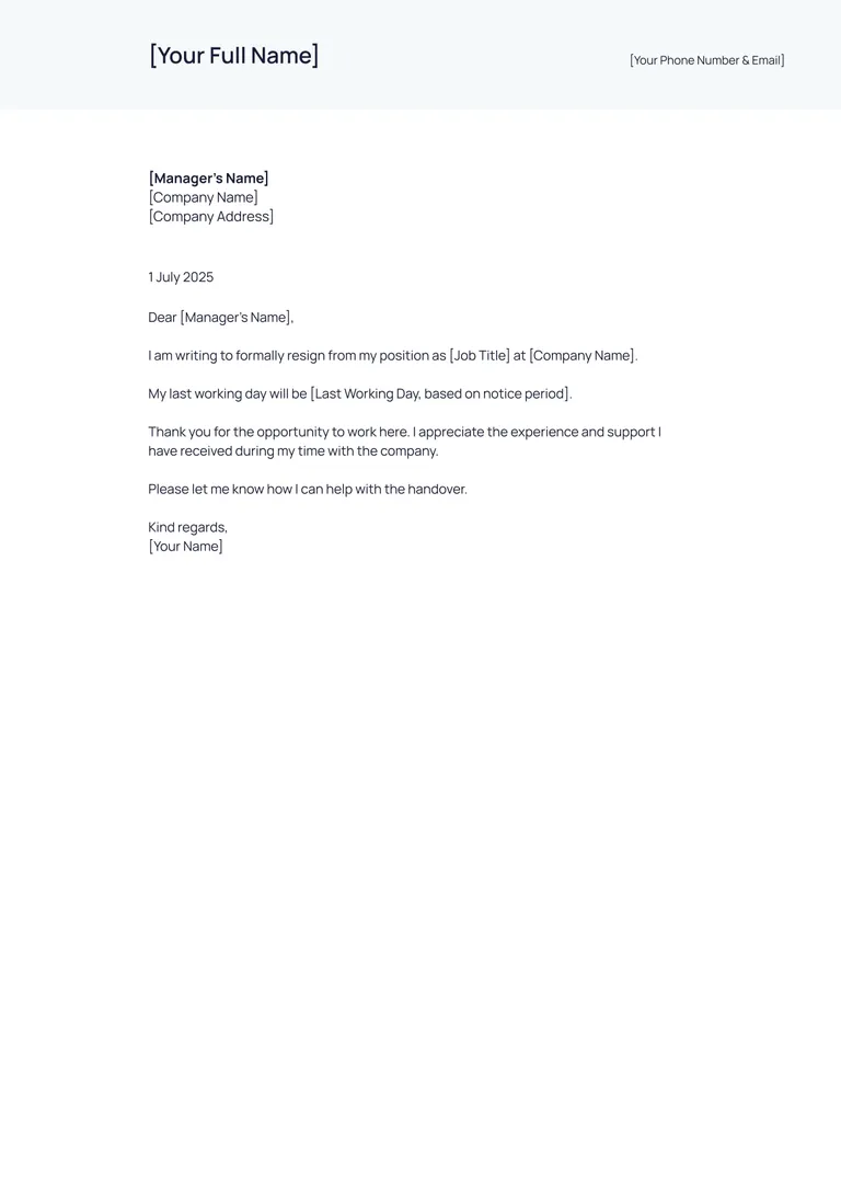 resignation letter template for the UK