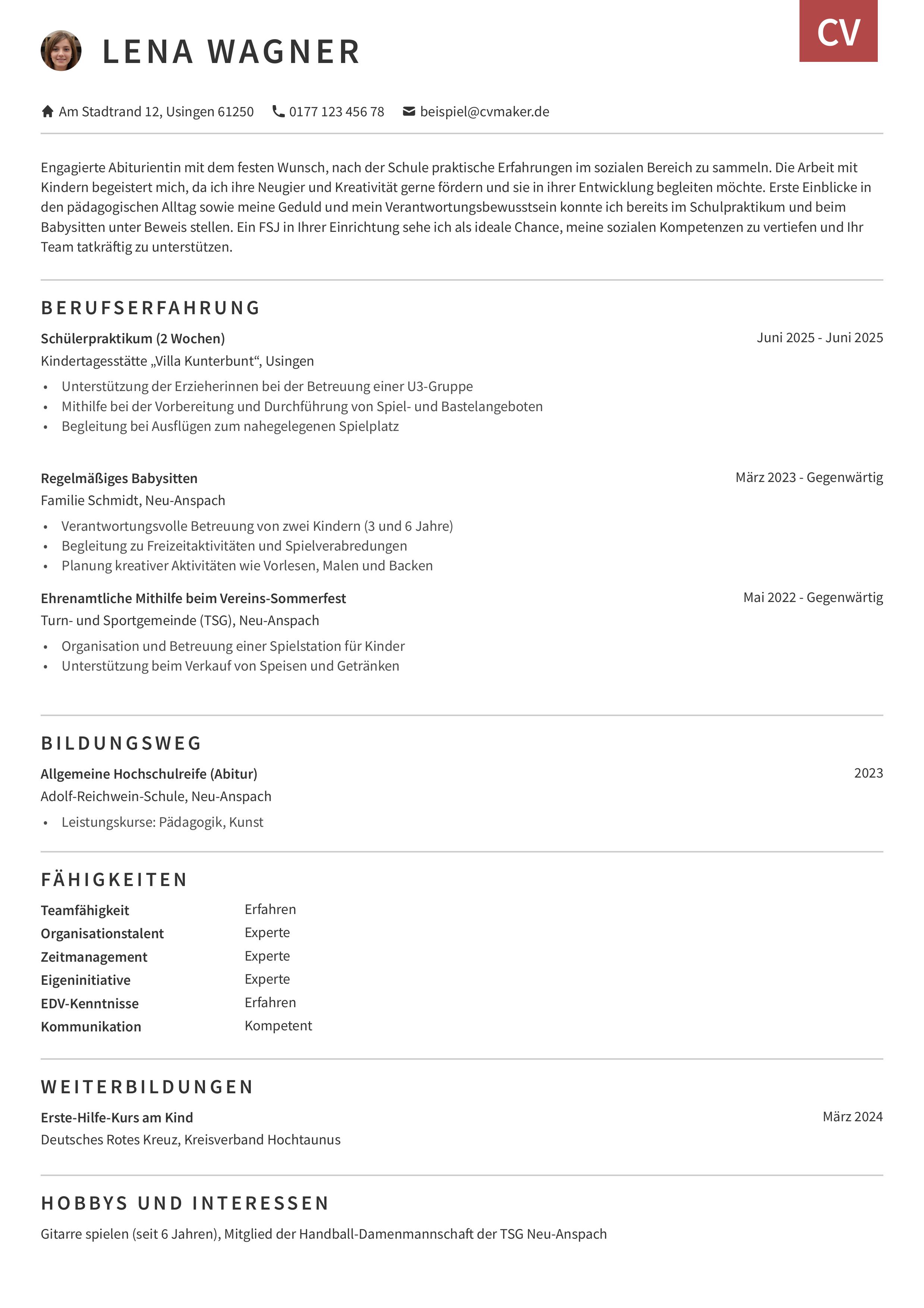 Lebenslauf Vorlage FSJ