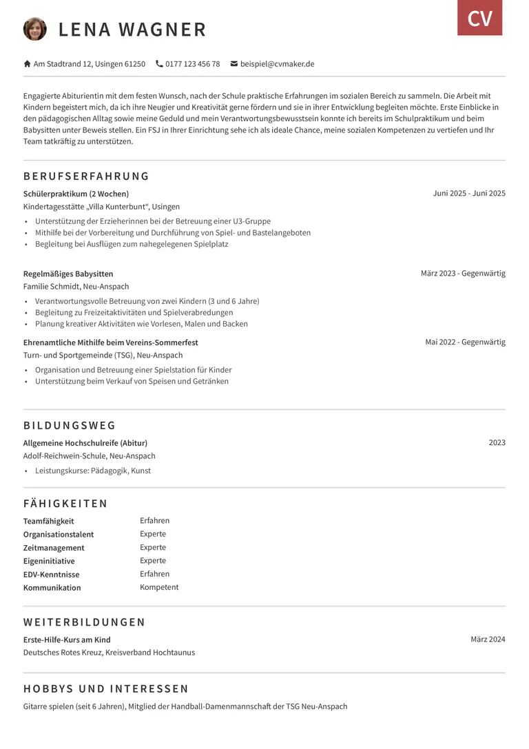 Lebenslauf Vorlage FSJ