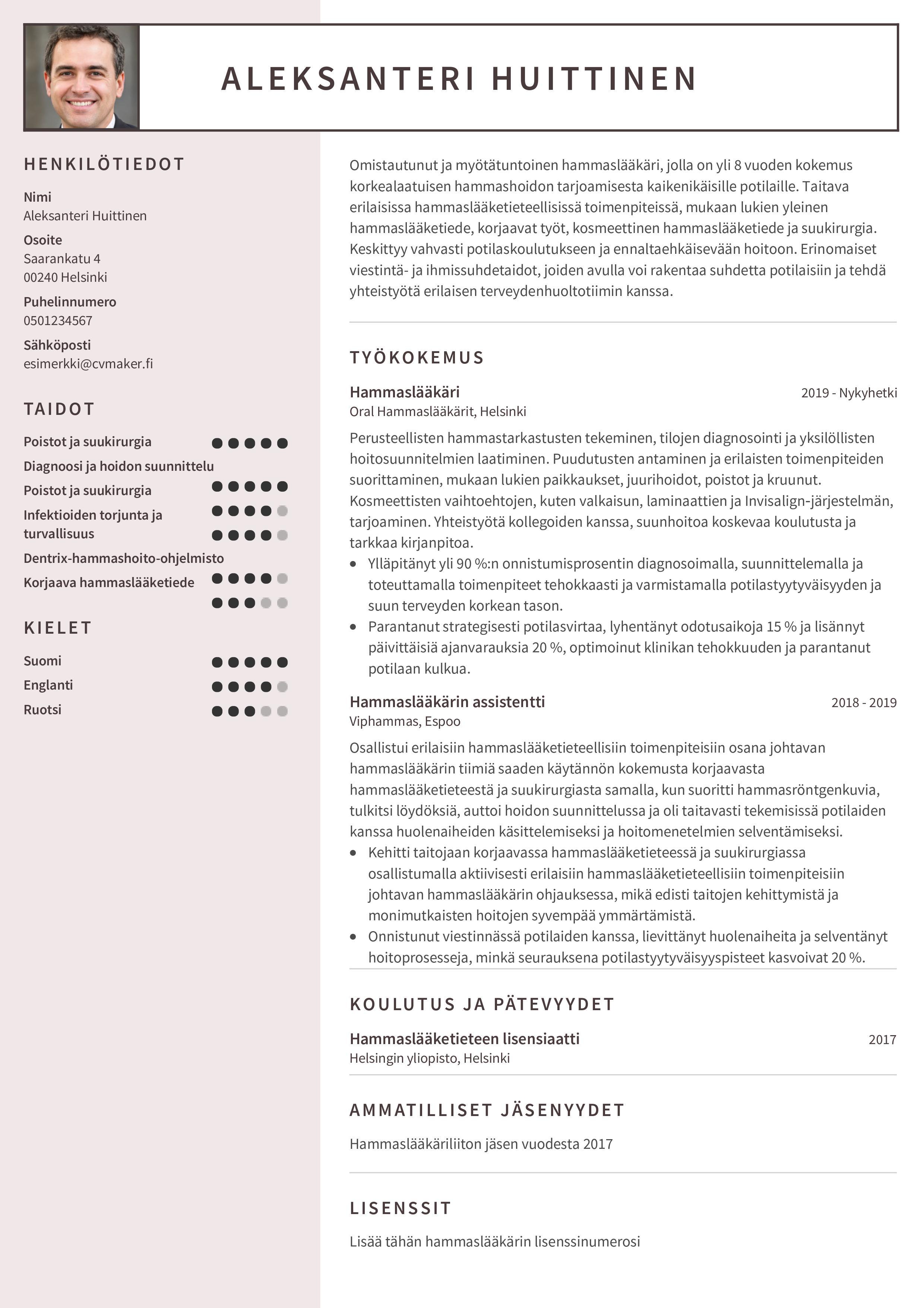 Hammaslääkärin CV-esimerkki