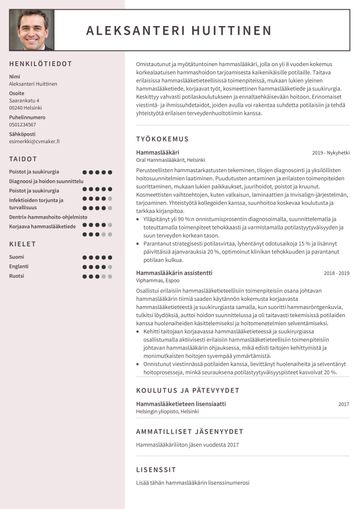 Hammaslääkärin CV-esimerkki