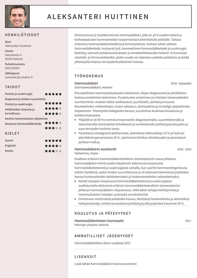 Hammaslääkärin CV-esimerkki
