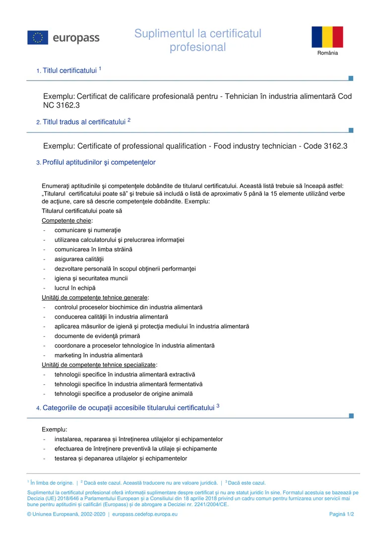 Supliment Europass la certificat