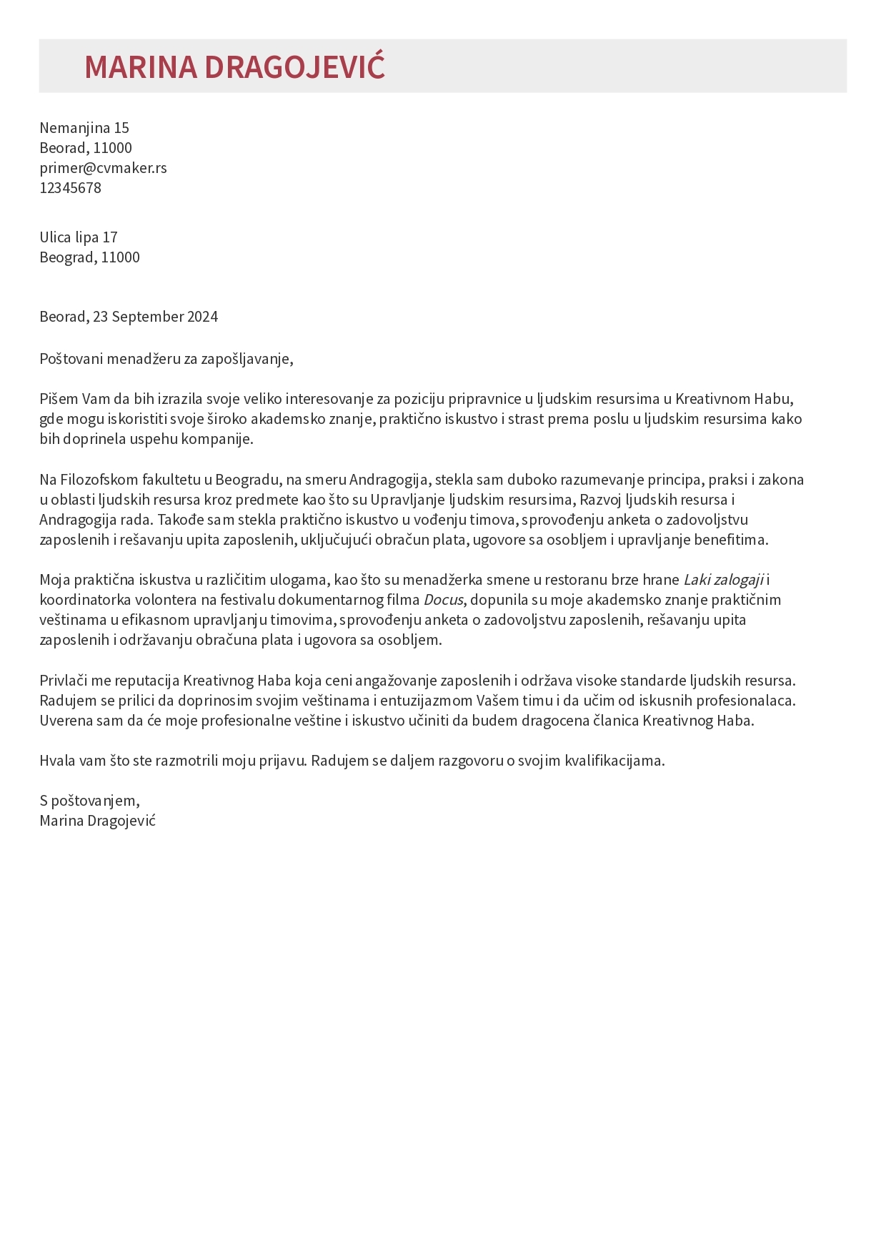 Primer propratnog pisma za studenta