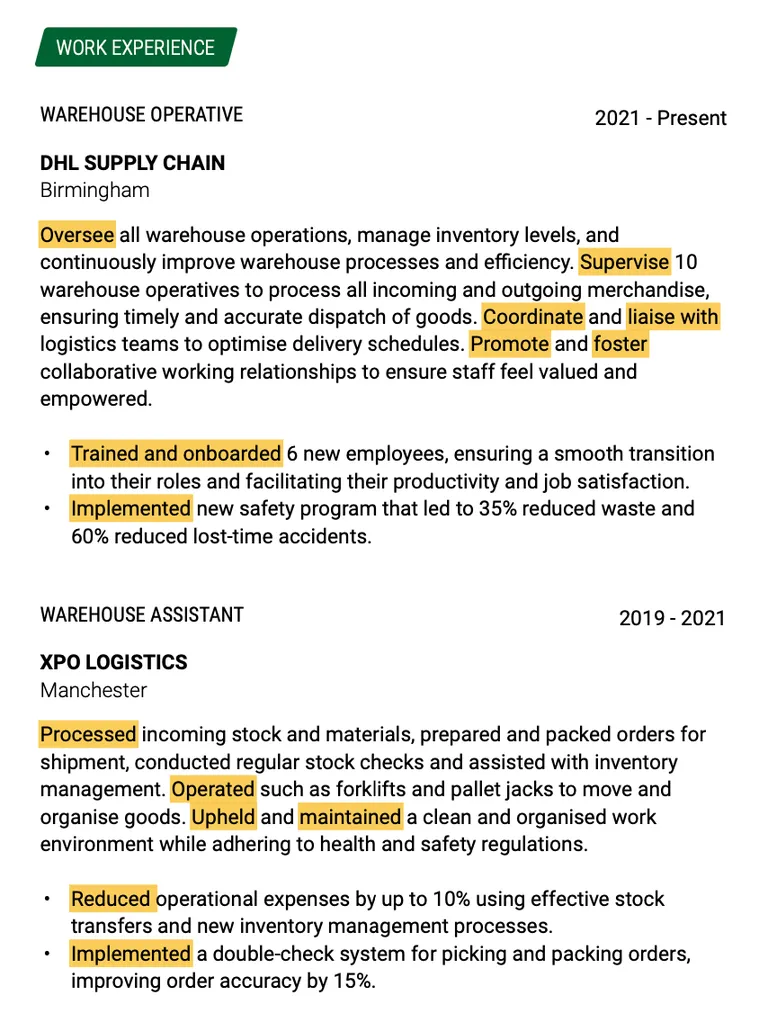 ATS-friendly Warehouse CV example