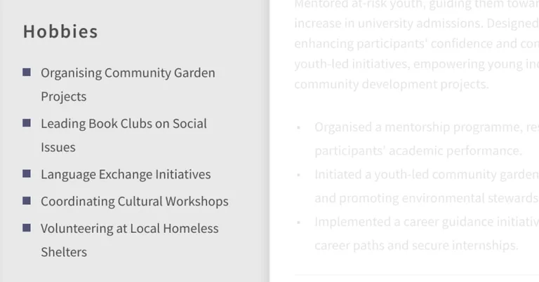 Hobbies and interests on a sales assistant CV
