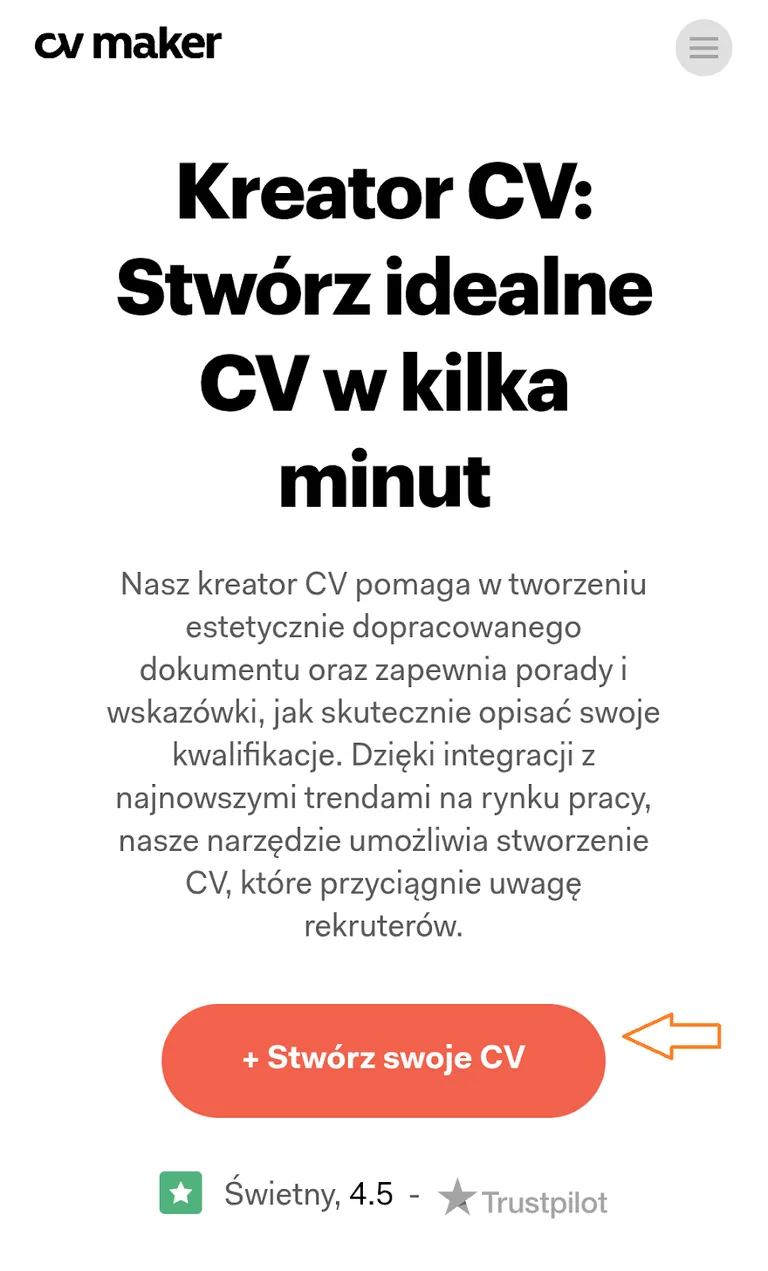 Krok 1: Otwórz CV-maker.pl w przeglądarce mobilnej