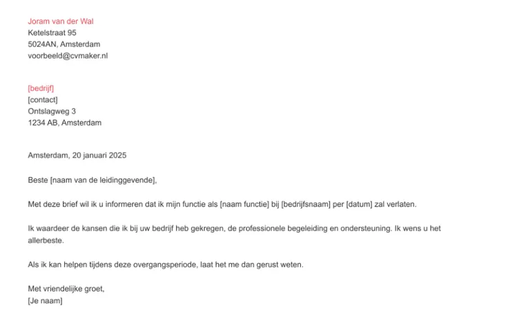 Korte ontslagbrief - voorbeeld
