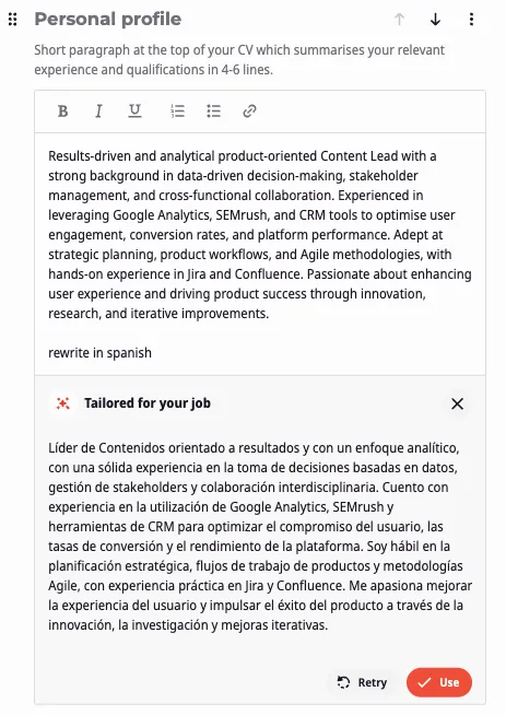 AI CV builder translation prompt for Spanish CV