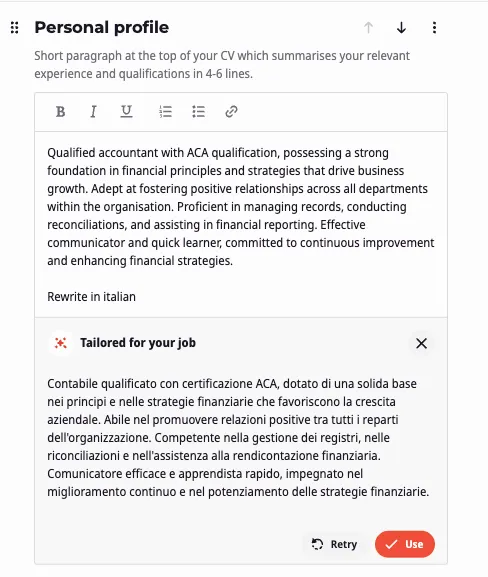 AI CV builder with prompt to translate CV content to Italian