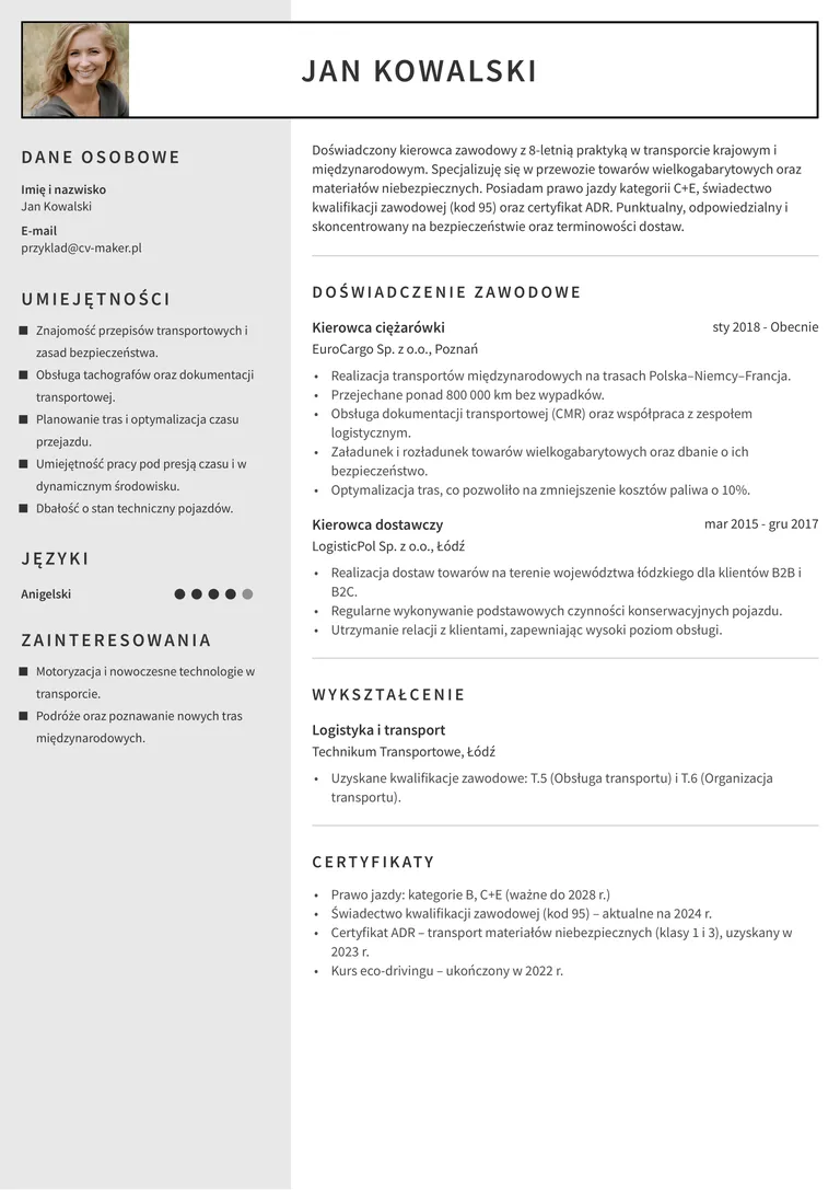 CV kierowca - wzór Auckland
