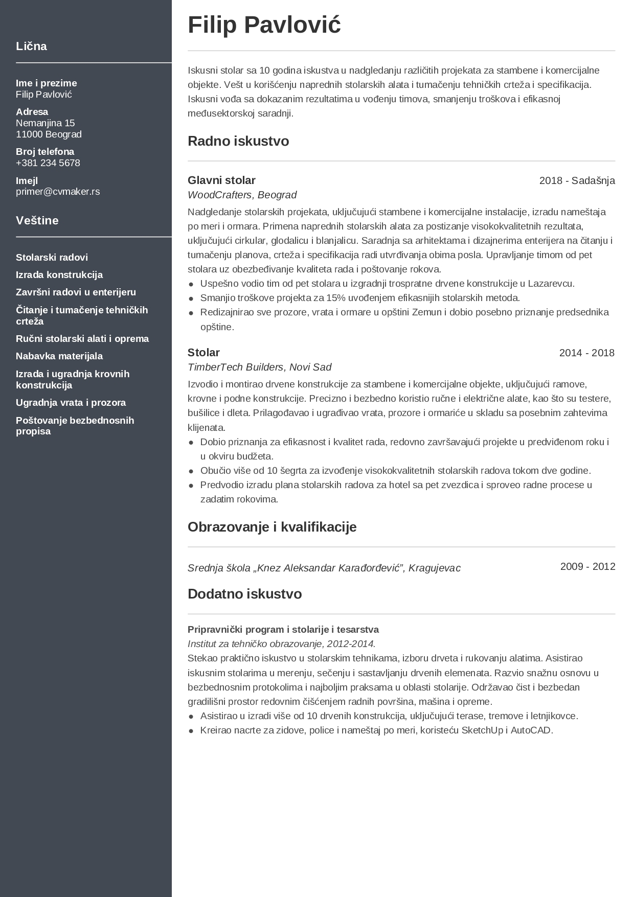 CV za stolara - primer