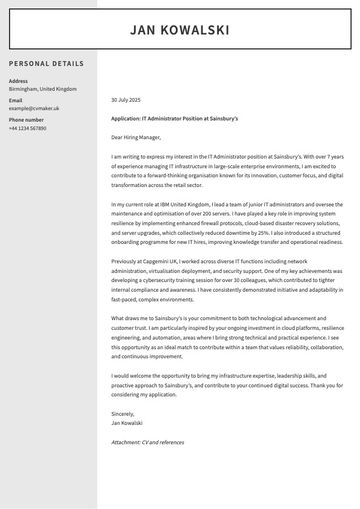 Example IT cover letter
