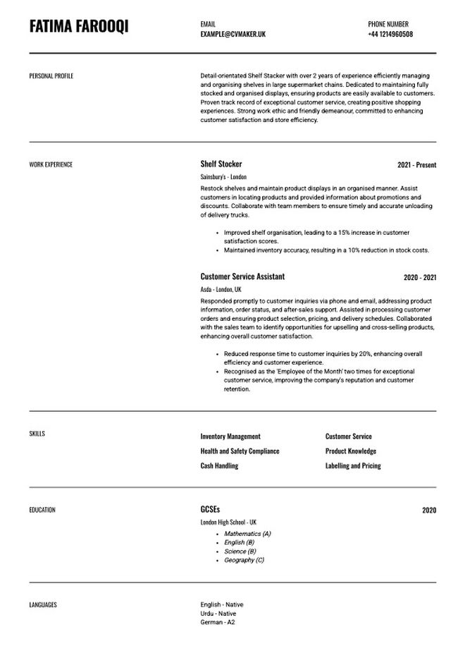 supermarket cv example