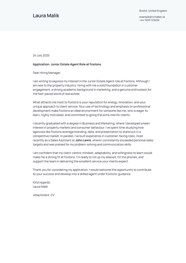 estate agent cover letter example with no experience
