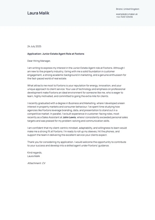 estate agent cover letter example with no experience