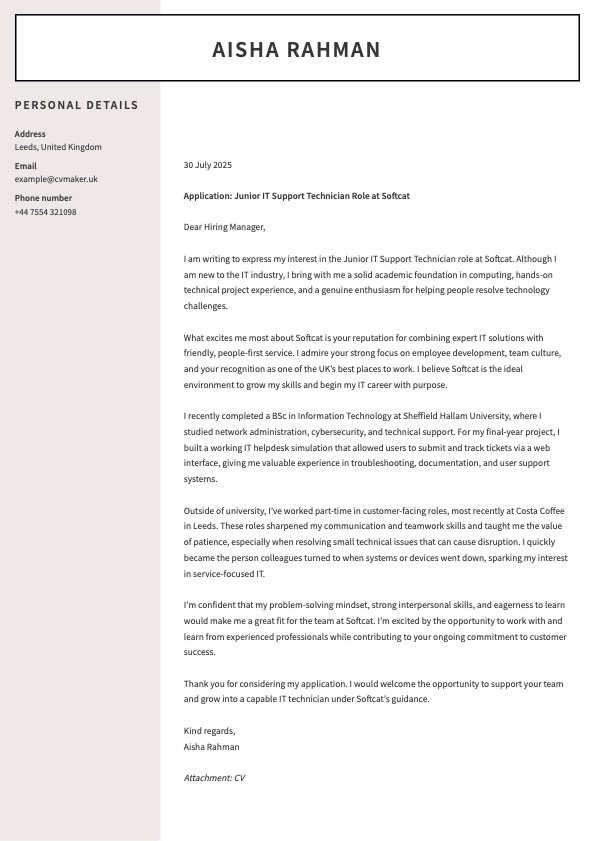 IT cover letter example no experience