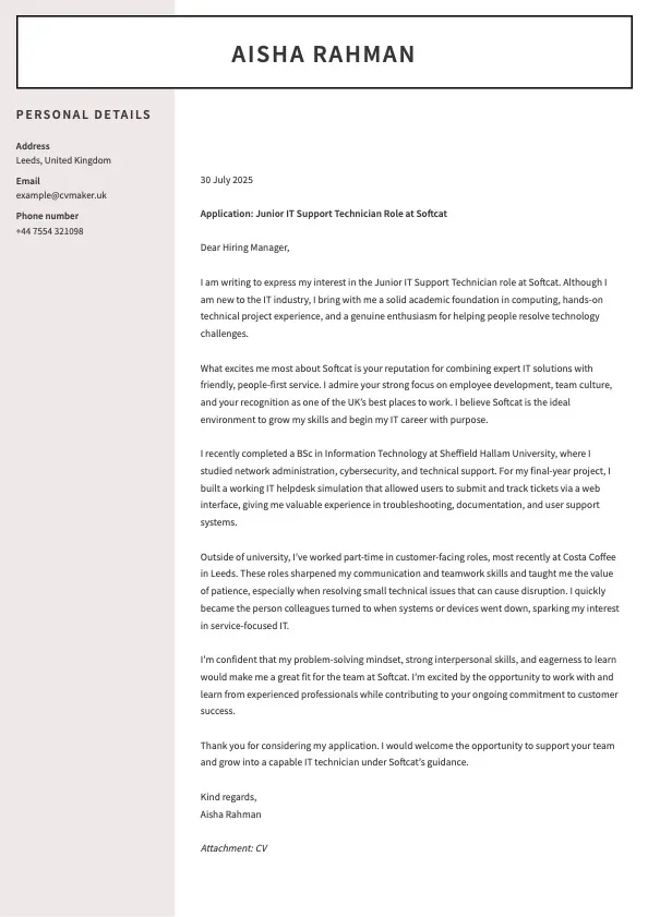 IT cover letter example no experience