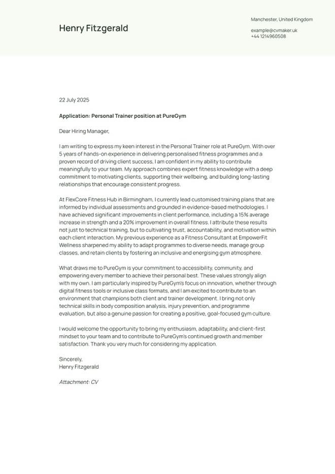 personal trainer cover letter example