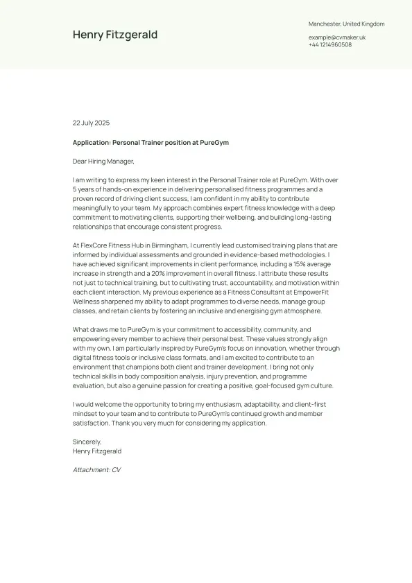 personal trainer cover letter example
