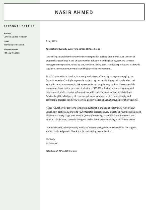 quantity surveyor cover letter example