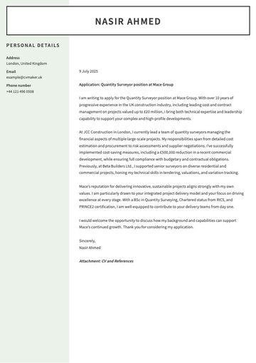 Example Quantity Surveyor Cover Letter