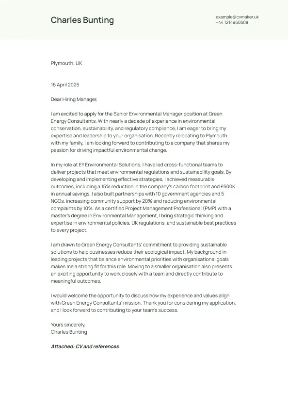 Sustainability cover letter example showing a structured professional letter