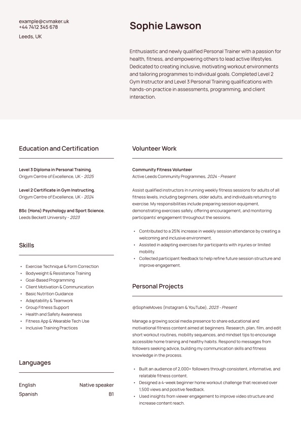 Non-experienced Personal Trainer CV example