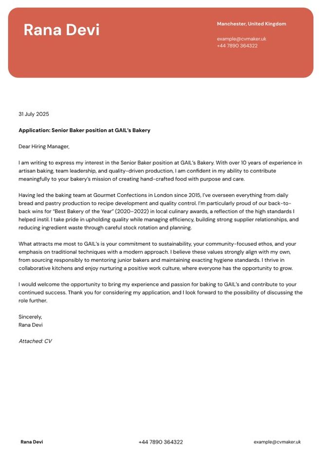 cover letter example for a baker