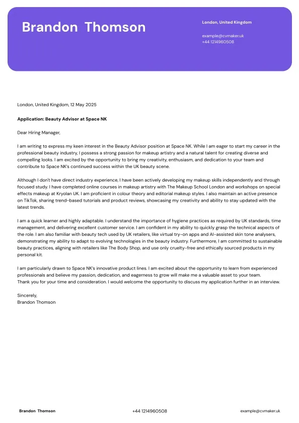 makeup artist cover letter example for beginners