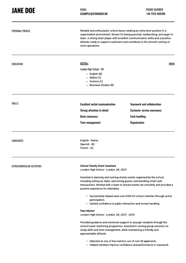 supermarket cv example no experience