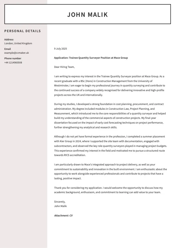 quantity surveyor cover letter example with no experience