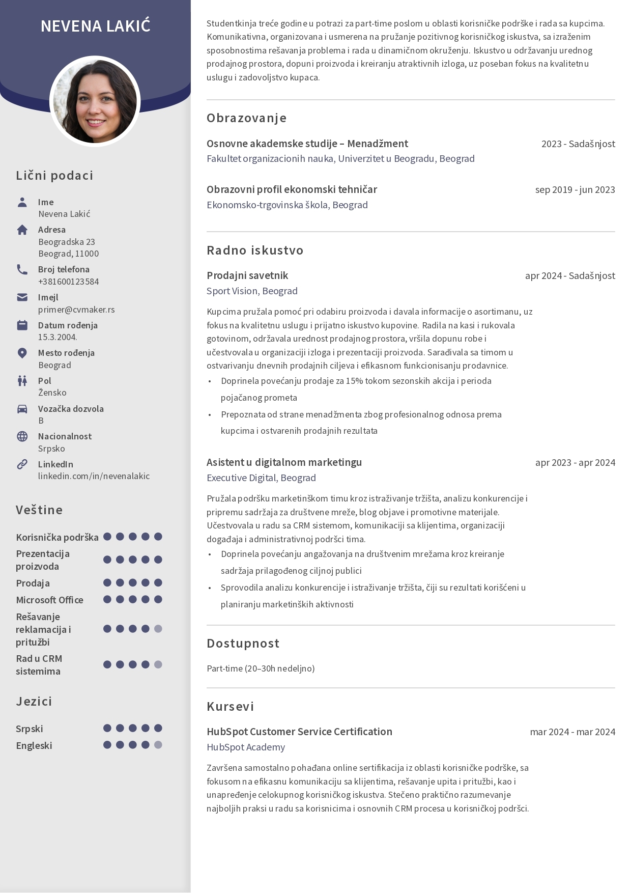 Primer CV-ja za part-time posao