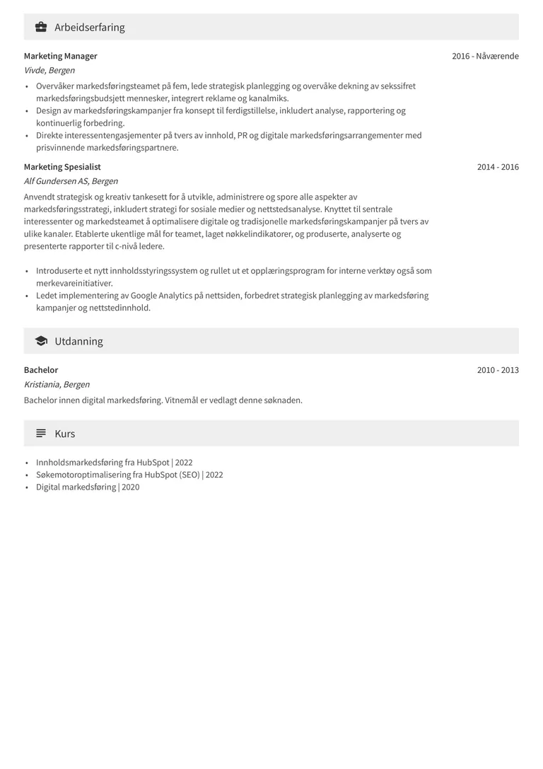 Andre side av 2 siders CV