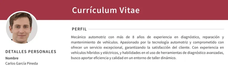 perfil de un mecánico automotriz cv ejemplo