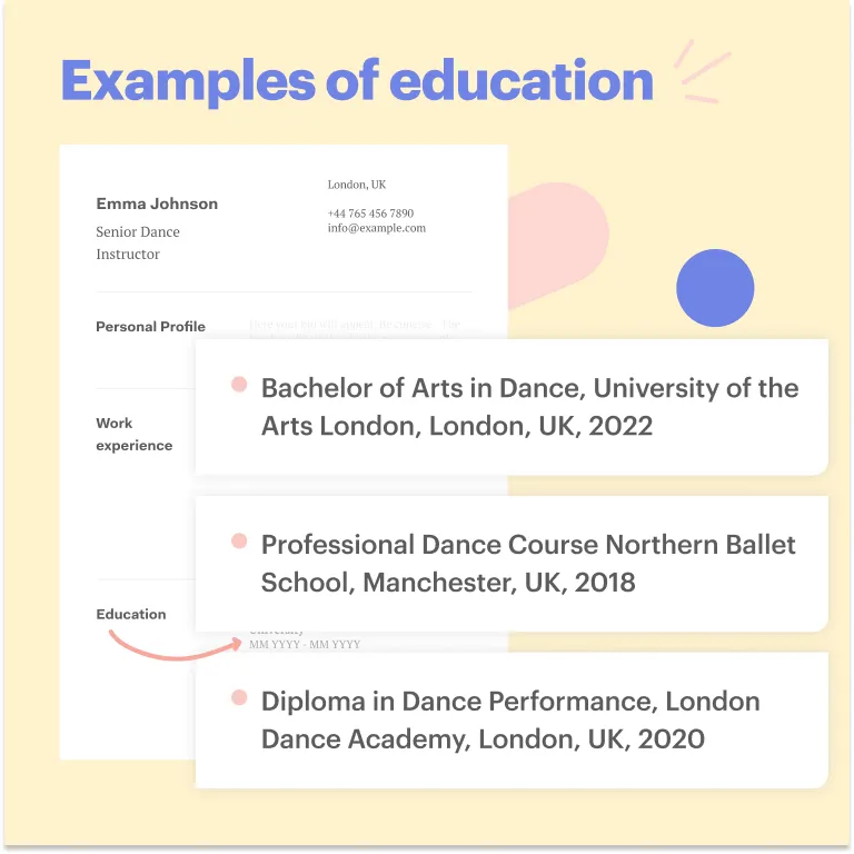 Examples of Education Dancer CV sample