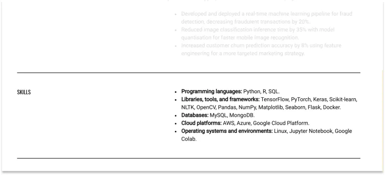 Machine learning engineer CV skills examples