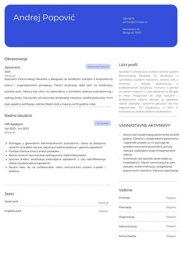 Primer CV-ja za studente