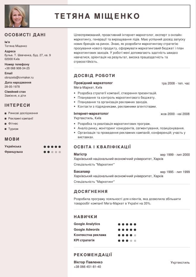 Zrazok rezyume Marketoloh shablon