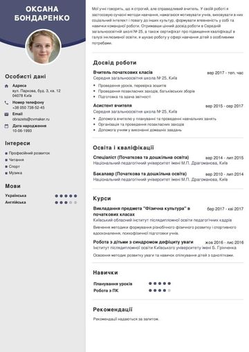 Зразок резюме - вчитель початкових класів