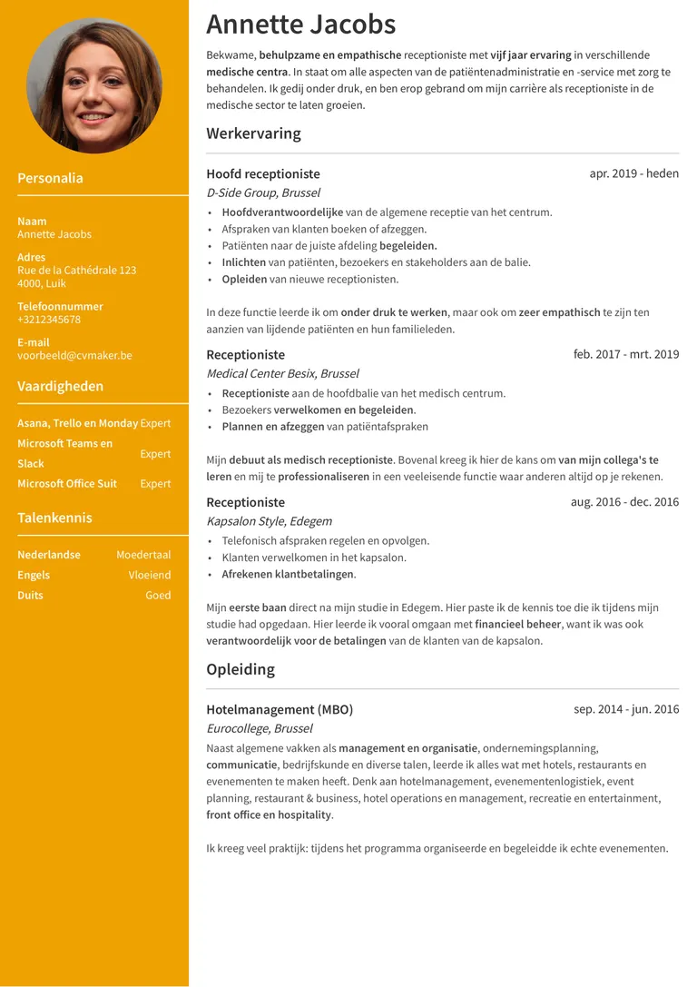 Cv-voorbeeld voor een receptioniste van twee pagina's