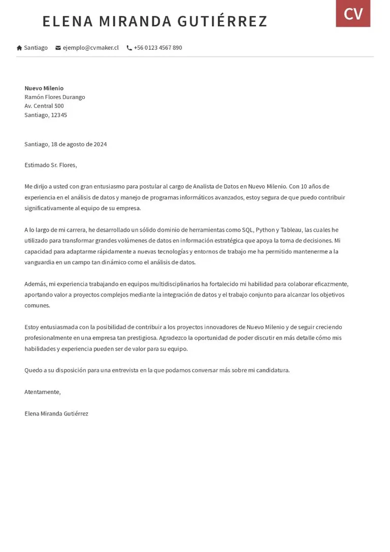 Ejemplo de carta de presentación