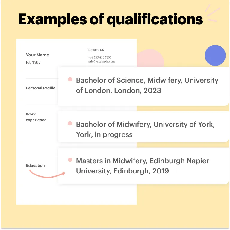 Education examples for midwife CV