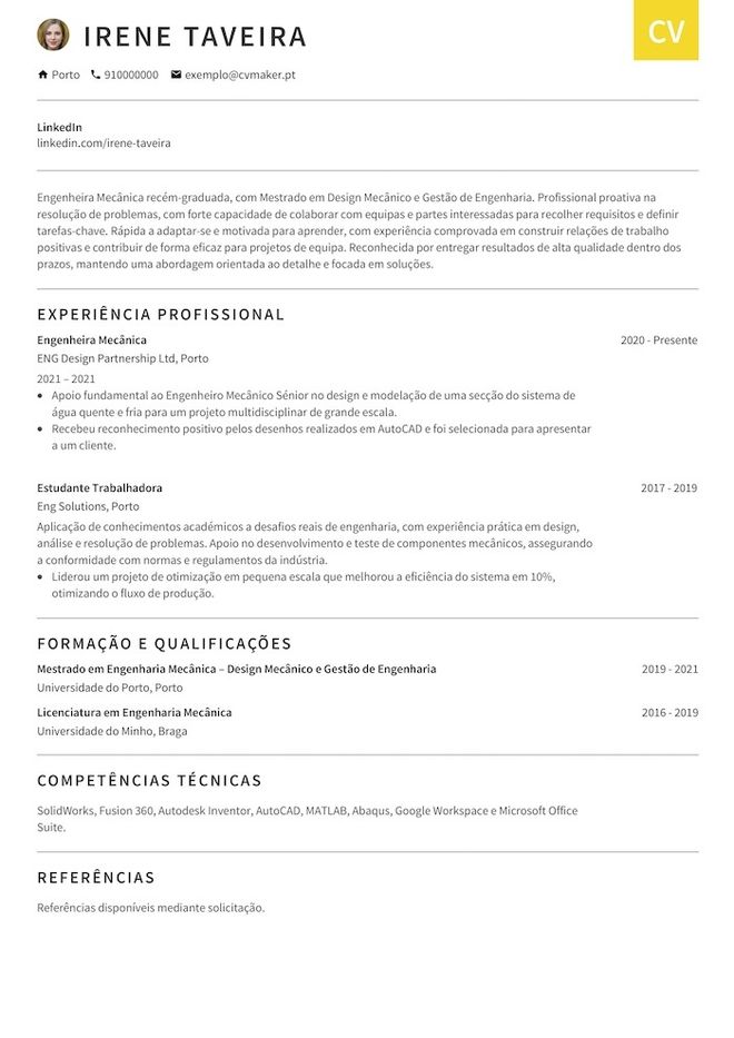 Exemplo de CV de engenheiro mecânico