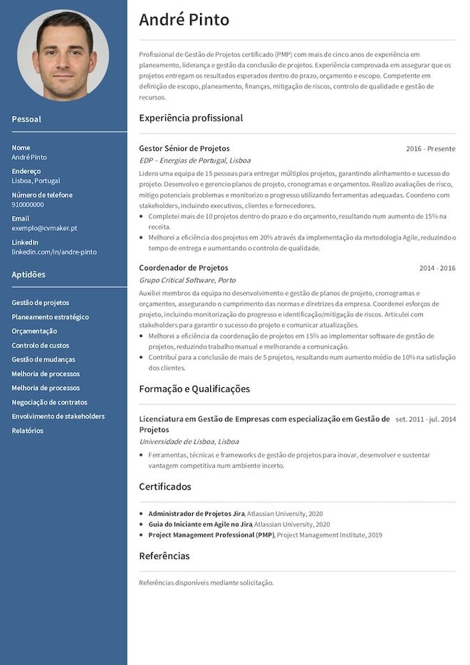 Exemplo de um CV de Gestor de Projetos