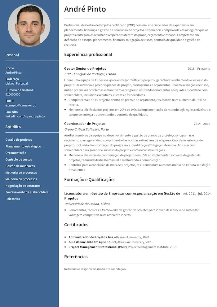 Exemplo de um CV de Gestor de Projetos