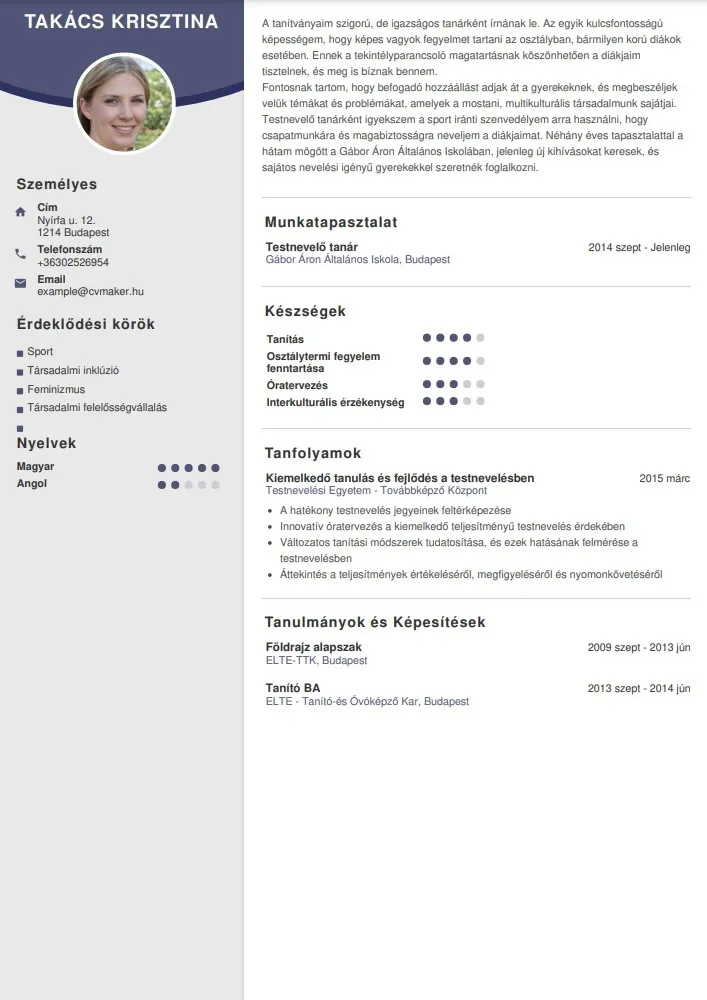 Tanár önéletrajzpélda