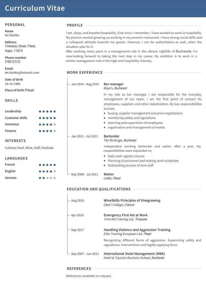 Exemplu de CV în engleză