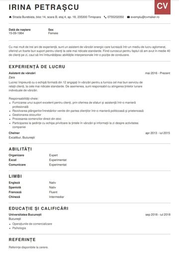 Exemplu de CV din retail